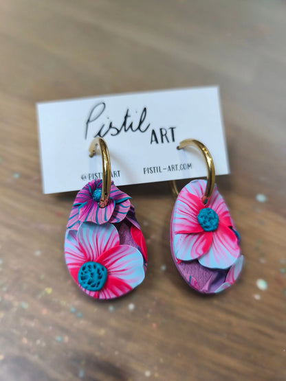 16- boucles d'oreilles jardin fleuri mauve créole ovale Pistil Art