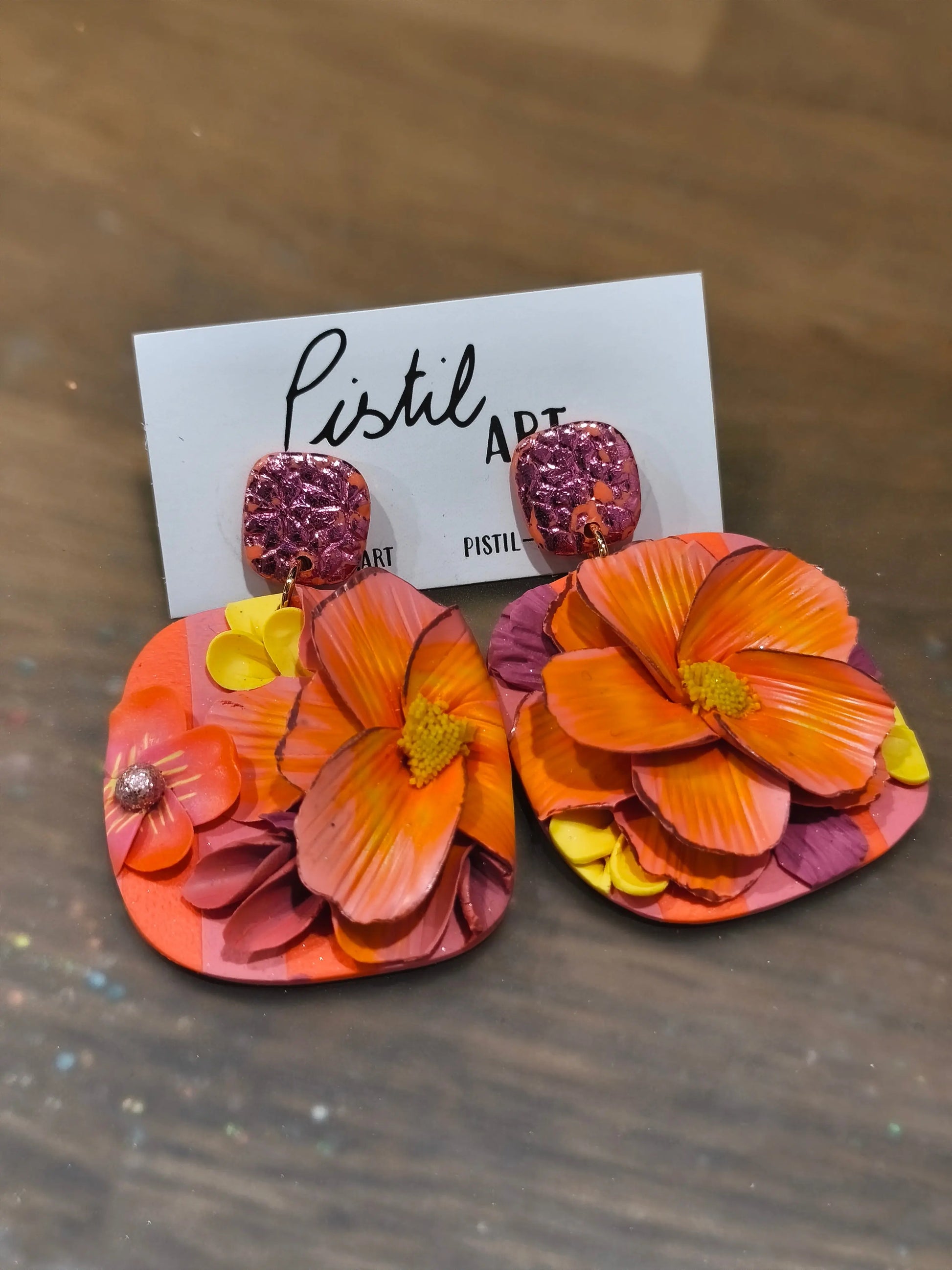 44 A- Boucles d'oreilles jardin fleuri carré Pistil Art bijoux fleuris