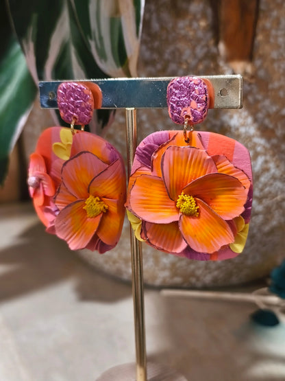 44 A- Boucles d'oreilles jardin fleuri carré Pistil Art bijoux fleuris
