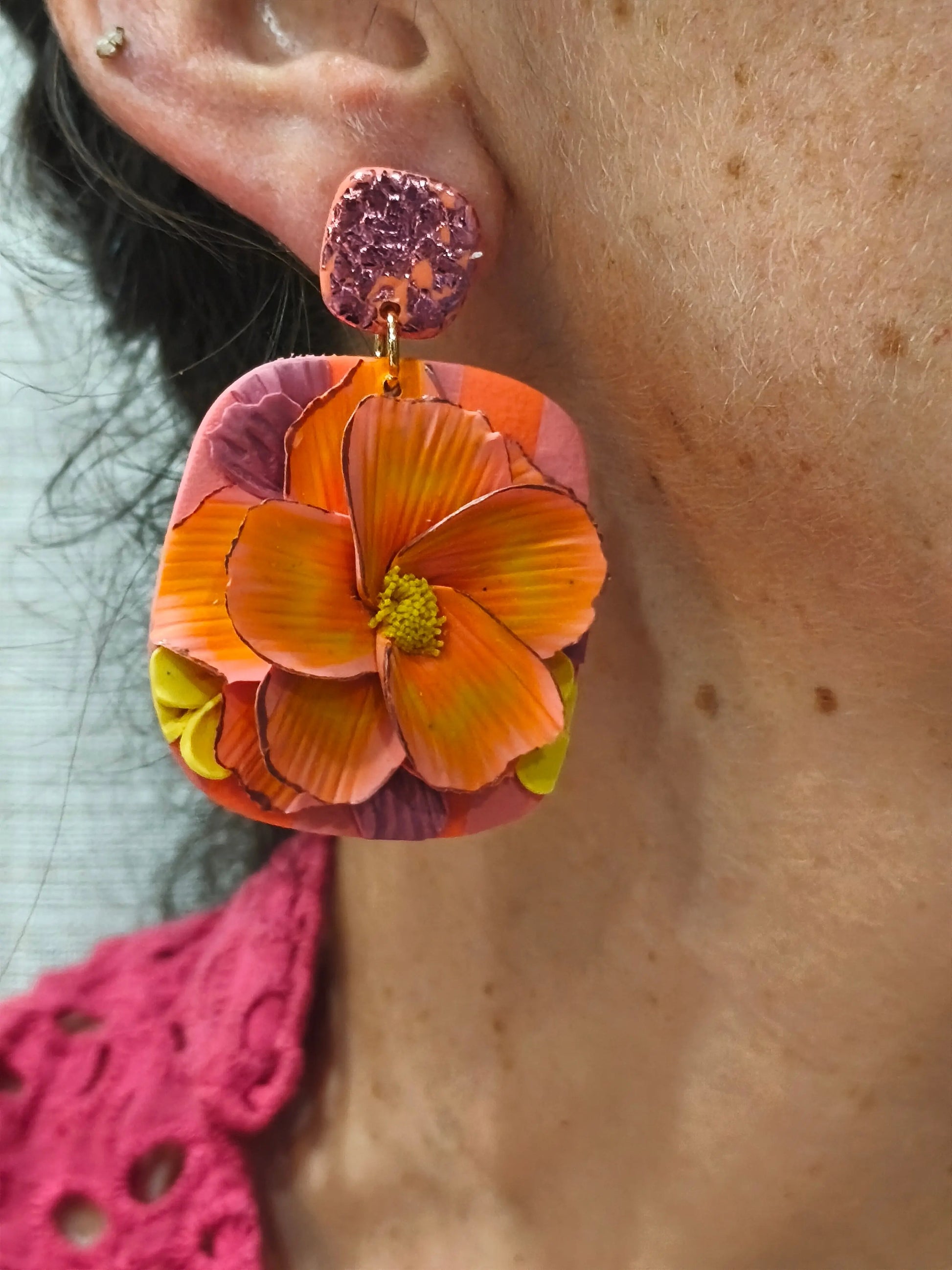 44 A- Boucles d'oreilles jardin fleuri carré Pistil Art bijoux fleuris