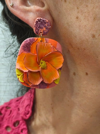 44 A- Boucles d'oreilles jardin fleuri carré Pistil Art bijoux fleuris