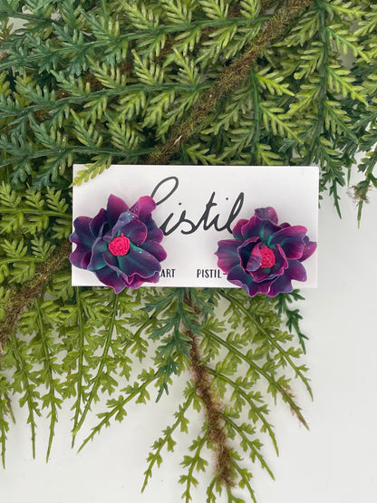Boucles d’oreilles fleur – Violet & cœur rose