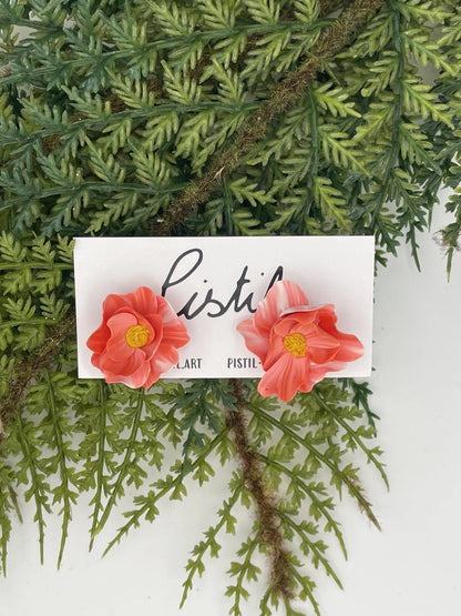 Boucles d’oreilles fleur – Corail & cœur jaune Pistil Art